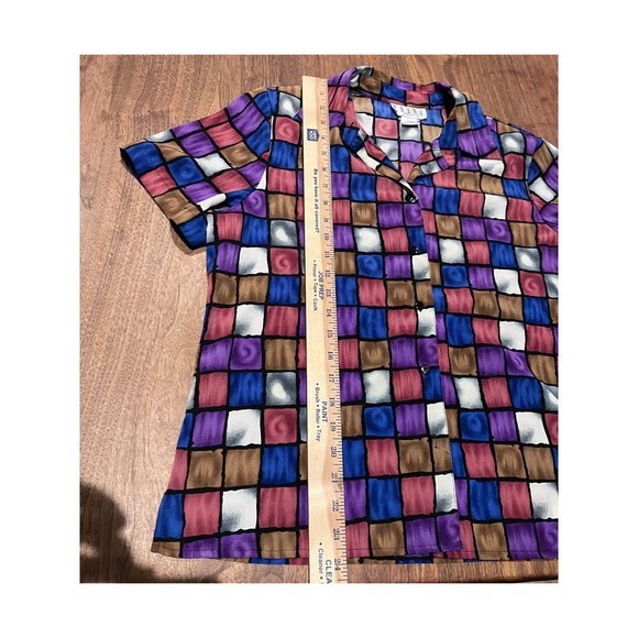 ERENA Vintage Blouse Sz Large Purple Fuchsia Pink Geometric Patchwork Look Shirt - Picture 5 of 7